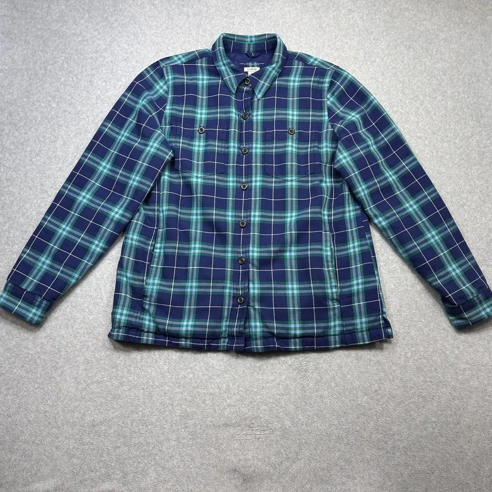 LL Bean Jacket Women Medium Blue Green Plaid Quilted Lined PrimaLoft Shacket